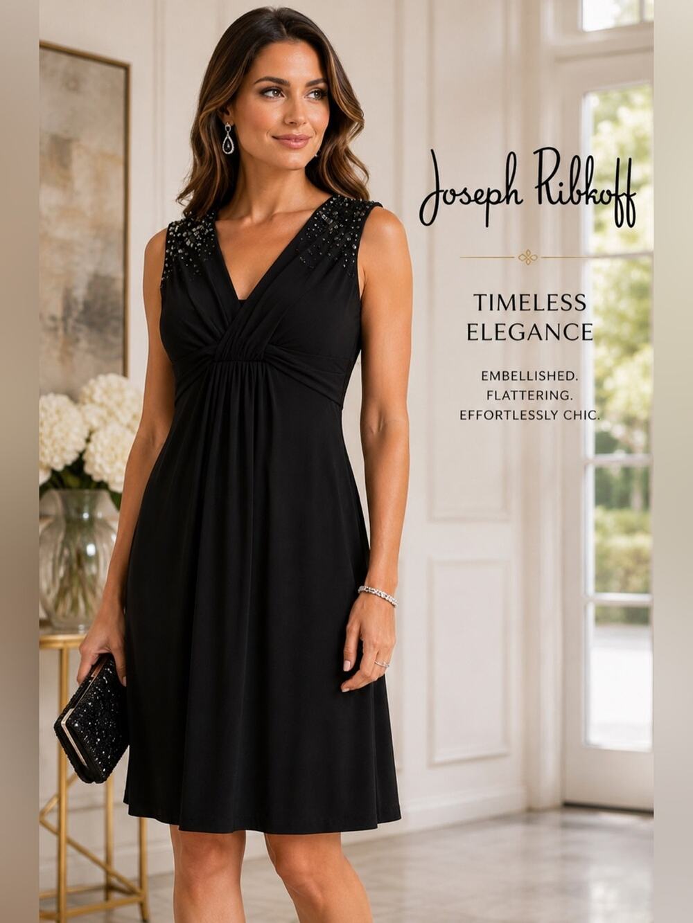Joseph Ribkoff Black Embellished V Neck Cocktail Party Dress Elegant Size 10